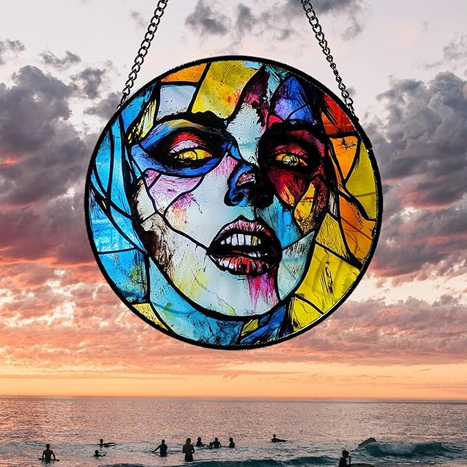 Stained Glass Window Hanging Halloween Horror Night Bloodstained Face 9.8" - Suncatcher Door Garden Sun Catcher Gothic Decor Birthday Evil Funny Gift for Mom Woman Nana Friend Men