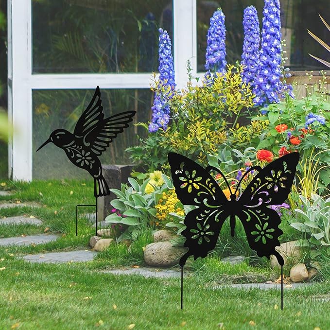 Metal Large Size 20inch Hummingbird Butterfly Decorative Garden Stakes, Black Butterfly Hummingbird Outdoor Decor Silhouette Yard Stake, Outdoor Decorations for Lawn Garden Yard Patio Fall