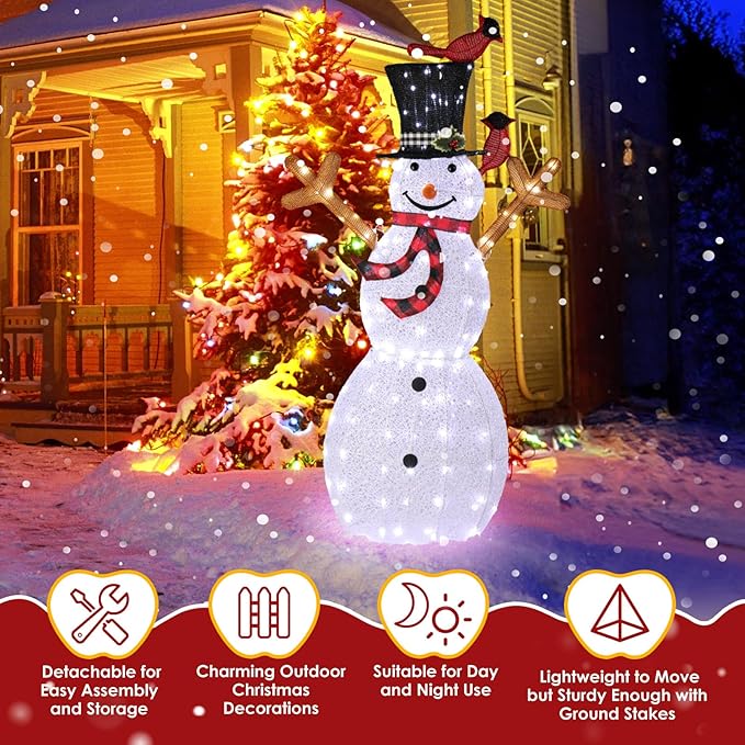 VINGLI 5FT Outdoor Snowman Christmas Decorations, Lighted Outdoor Snowman w/120 LED Lights, Tall Hat, Red Scarf, Ground Stakes, Zip Ties for Indoor, Yard, Outside Xmas Decor