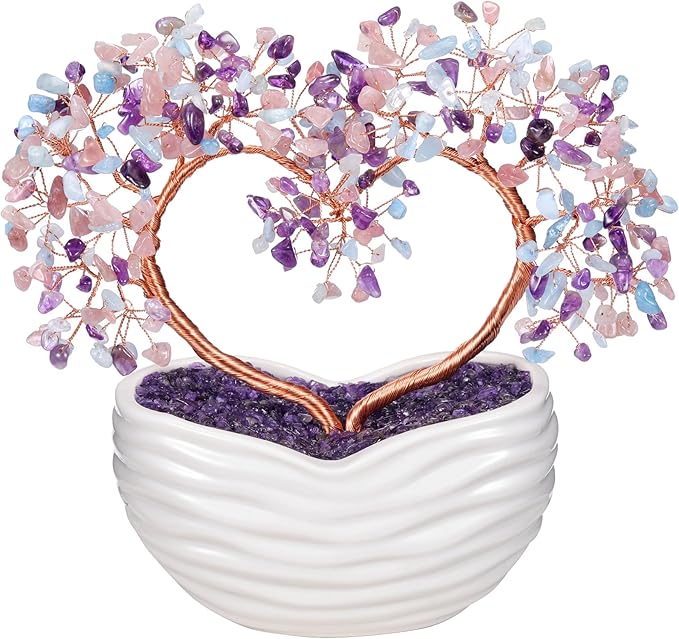 Jovivi Natural Crystal Heart Money Tree Healing Gemstone Bonsai Tree for Wedding Ceremony Reiki Balancing Energy Meditation Feng Shui Wealth & Good Luck Home Indoor Office Decor 7.87"-8.26"