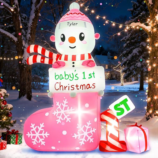 Christmas Inflatable Outdoor Decorations, 6 FT Inflatables Babys First Christmas Stocking Snowman Yard Decor, Built-in LED Light Blow up 1st Xmas DIY Name Ornament for Indoor Outside Lawn Garden(Girl)