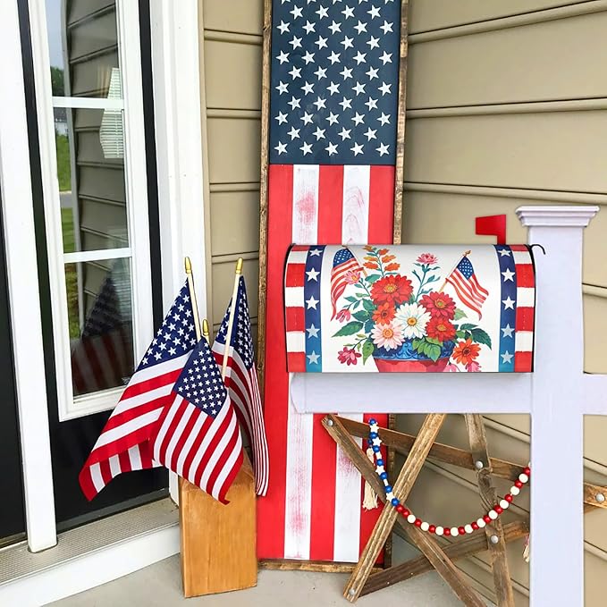 Patriotic American Flower Mailbox Cover, 4th of July Red Blue 25.1" Lx 21" W Magnetic Mailbox Cover, USA Floral Large Size Post Letter Box Wrap Decor, Independence Day Garden Yard Outdoor Decoration