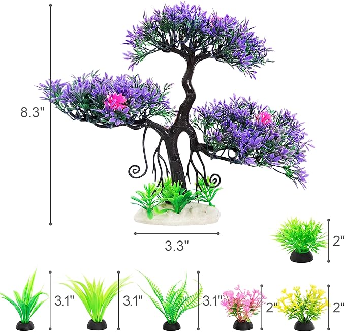 Fish Tank Aquarium Decorations Artificial Plastic Plants Bonsai Tree with Small Aquarium Decorations Kit (Purple 2)