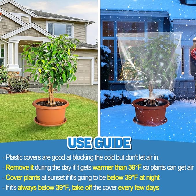 6 Pcs Winter Plant Cover Freeze Protection - 39" x 39" Plastic Plant Frost Bags with Drawstring, Transparent Waterproof Plant Shelter Coverings for Outdoors Garden Plants Shrubs Sapling Bushes