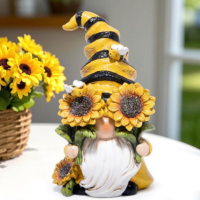 Hodao Spring Bumble Bee Gnome Figurine - Cute Garden Decor with Sunflower Accents, Yellow Bee Statue for Spring Home Table Decor, Unique Gifts for Nature Lovers