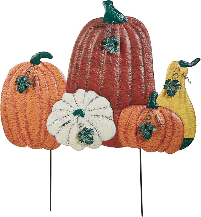 Touch of Class Fall Harvest Pumpkin Yard Stake | Handpainted Metal Outdoor Decoration | Textured Pumpkins, Gourd, Leaves, and Vines | 37" H Autumn Garden and Porch Patio Seasonal Decor