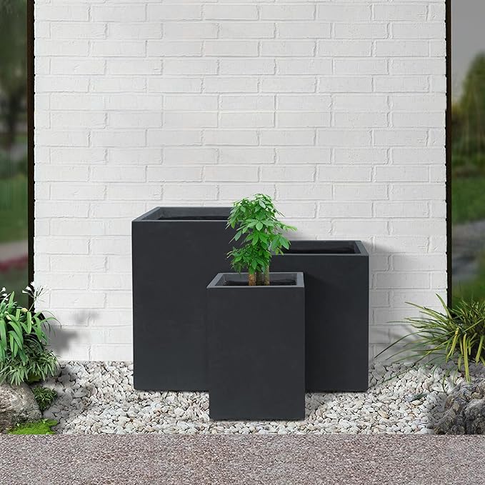 Kante 18.5",15.7",12.6" H Tall Rectangular Concrete Planters Set of 3, Outdoor Indoor Lightweight Plant Pots with Drainage Hole and Rubber Plug, Modern Style for Home Garden Patio, Charcoal