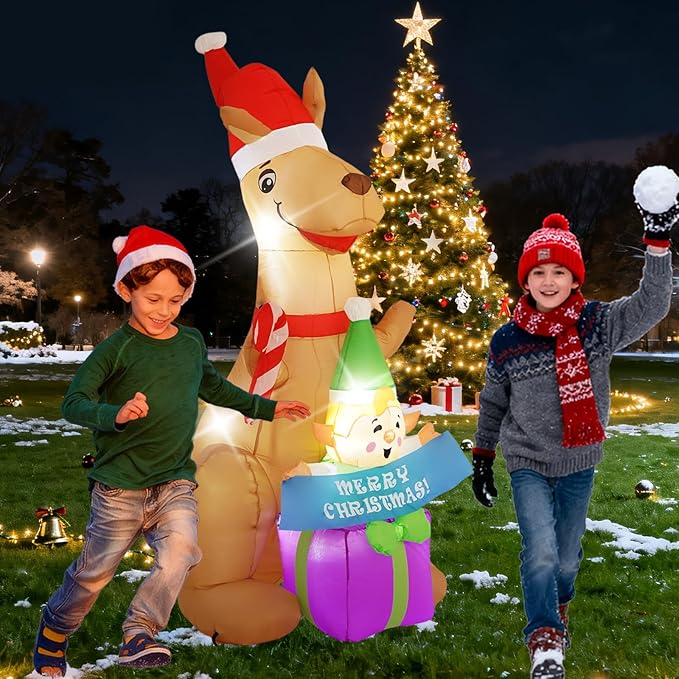6FT Kangaroo Afu Inflatable Decoration with Built-in LED Lights, Christmas Outdoor Inflatable Decoration for Lawns, Yards, Gardens, and Patios