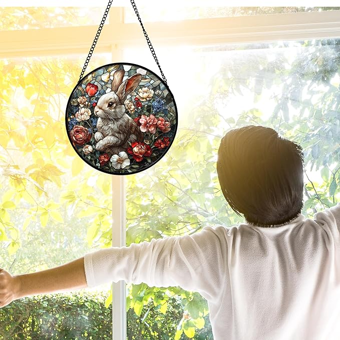 Stained Glass Window Hanging - Cute Rabbit Flowers Suncatcher Ready to Hang Window Doors Home Decoration, Christmas, Mother's Day Birthday Gifts for Women, Men, and Mom 15x15 in