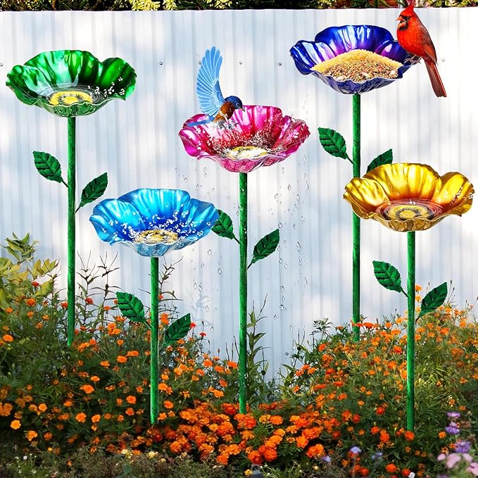 Metal Bird Baths for Outdoors, Garden Bird Bath & Bird Feeders with Metal Stake, Hummingbird Feeder for Outdoor Garden Yard Lawn Decor (5PCS)