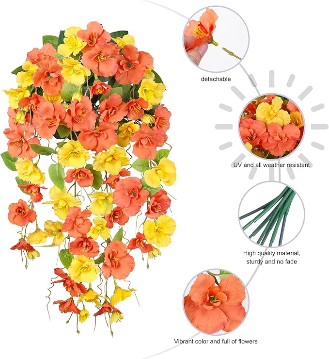 Artificial Hibiscus Fake Hanging Flowers Plants for Outdoors Fall Autumn Decoration, 4pcs Silk Hibiscus Trailing Vines UV Resistant Realistic Faux Flowers for Outside Front Door Porch Yard Indoor, Mix