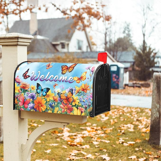 Spring Magnetic Mailbox Cover Yellow Floral Mailbox Cover Magnetic Standard Size 18 X 21 Inch Butterfly Flower Welcome Mailbox Post Cover Mailbox Wraps Mailbox Decor for Home Garden Outdoor Yard