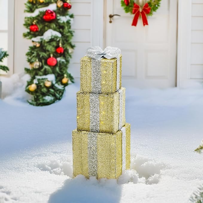 SUNJOY Large Christmas Decoration 2.8 FT Inch Illuminated Stacking Gift Box, 3D Tinsel Santa Stacking Gift Box Outdoor Garden Yard Lawn Festive Holiday Decoration with Lights for Indoor & Outdoor