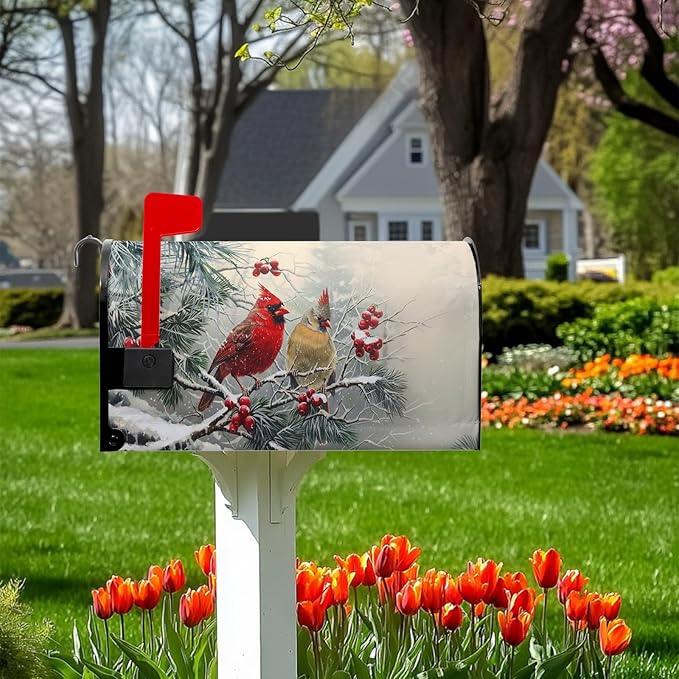 Cardinal Bird Mailbox Cover Winter Red Birds Mail Box Covers Magnetic Standard Size 21x18 inch Christma Mailbox Wrap Decorative Mailboxes for Outside Garden Yard