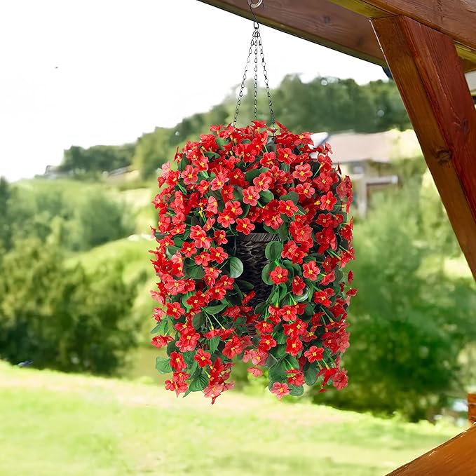 HyeFlora Artificial Fall Fake Hanging Plants Flowers for Outdoor Outside Autumn Decoration, 2 PCS Faux Silk Daisy Mums Red Orchid Long Vines UV Resistant Realistic for Home Indoor Porch Patio Balcony