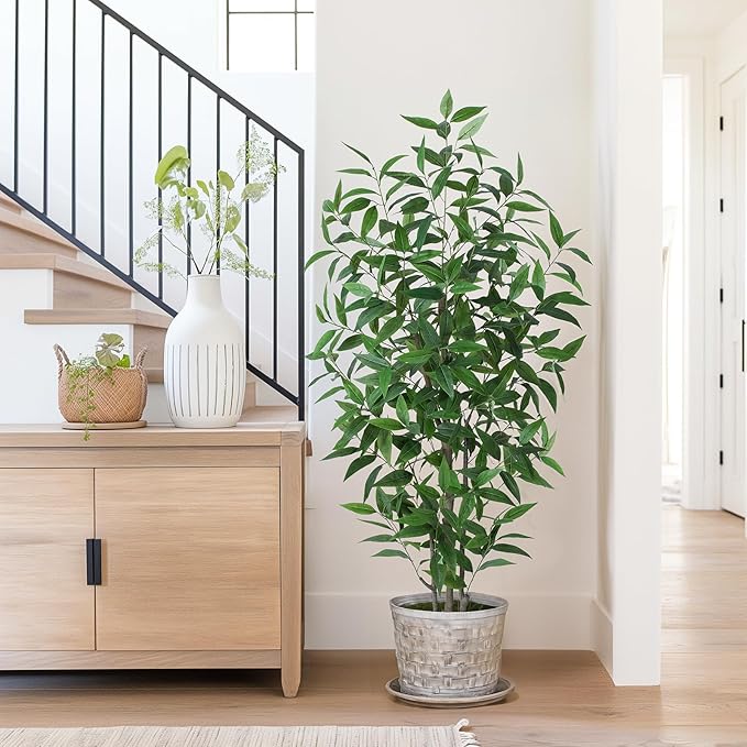 Ficus Artificial Tree -5FT Faux Eucalyptus Trees with Pots, Green Lifelike Leave for Fake Floor Plant,Realistic Artificial Plants Indoor Outdoor Office