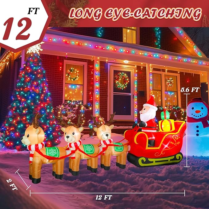 WONDER GARDEN 12FT Christmas Inflatable Outdoor Decorations with Santa Claus on Sleigh and Reindeer Christmas Blow Up Yard Decorations with LED Lights for Xmas Holiday Party Garden Patio Lawn Decor
