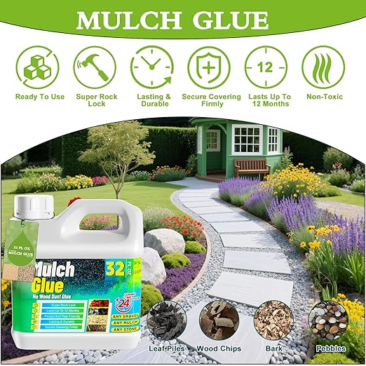 Mulch Glue for Landscaping - 32 OZ Long-Lasting Adhesion Rock Glue for Landscaping, Versatile Weatherproof Gravel Binder for Gardens, Landscapes, Pathways, Bark Mulch, Wood Chips, Pea Gravel