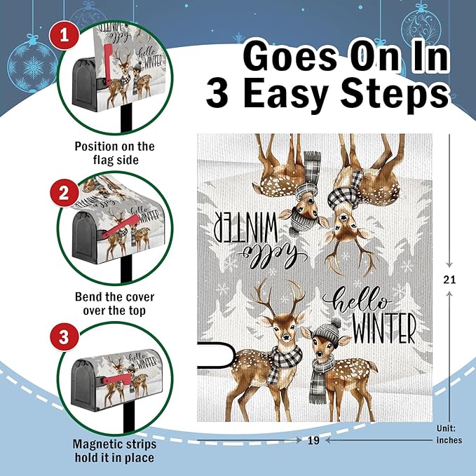 Hello Winter Reindeer Mailbox Cover Magnetic Standard Size 20.5" x 18", Pine Trees Snowflake Decorative Post Letter Box Wrap Decor, Christmas Seasonal Garden Yard Outdoor Decoration
