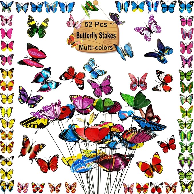 Butterfly Garden Décor - 52pcs Waterproof Butterflies Decoration Stakes for Outdoor Yard, Balcony, Porch, Ornaments, Art Patio Plant Pot Flower Home Decorative (Art Decor)