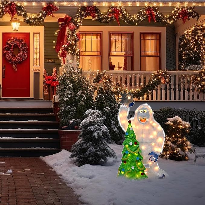 ProductWorks 32 Inch Bumble The Abominable Snow Monster and Christmas Tree Indoor/Outdoor Yard Ornament, Holiday Display with 70 Clear LED Lights
