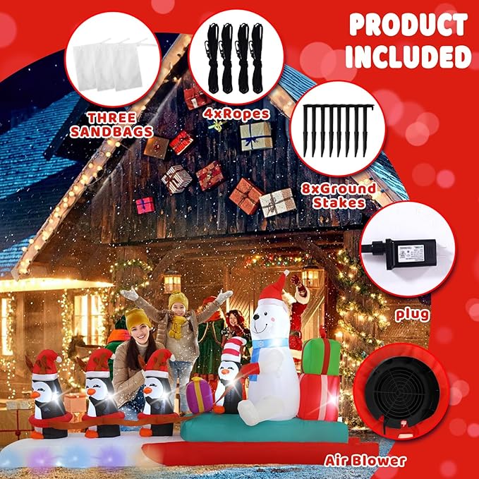 10FT Penguin Pulling a Polar Bear On a Sleigh Christmas Outdoor Inflatable Decoration, Built-in LED Lights and Flashing Lights, Suitable for Christmas Lawns, Gardens, and Courtyards