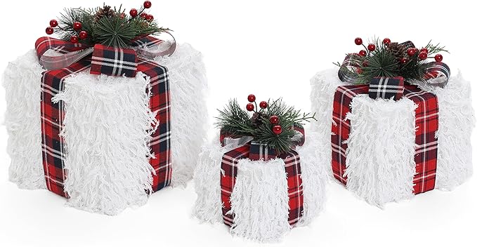 LuxenHome Set of 3 Lighted Gift Boxes, Battery Operated White Feathery Fabric with Red Ribbon Bow Boxes for Xmas, Lawn, Porch, Under Tree Indoor, Outdoor Christmas Decorations