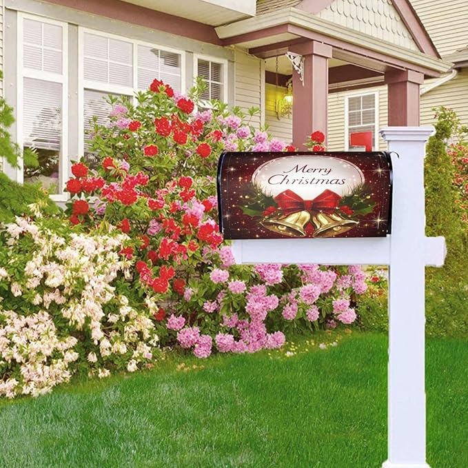 Festive Magnetic Mailbox Cover Christmas Bell Pattern Outdoor Mailbox Protector Holiday Seasonal Decorative Garden Yard Home Large Size 25.5 x 21 Inch