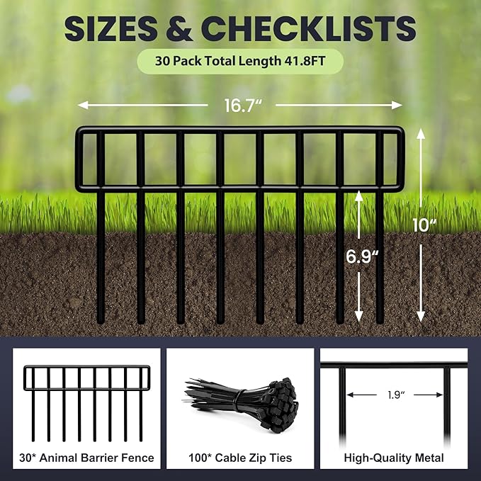 42.5FT No Dig Fence Panels - 30 Pack Garden Fence Animal Barrier Rustproof Metal Dog Fence Panels for Yard, Anti Digging Barrier Garden Edging Border Fencing for Outdoor, Yard, Rabbit