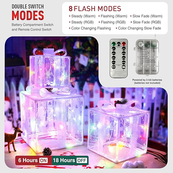 Set of 3 Christmas Lighted Gift Boxes,Outdoor Christmas Decorations,Featuring Snowflake Decorations,Battery Operated Light Up Present Boxes for Christmas Trees Indoor Outdoor Home Yard Lawn Decor