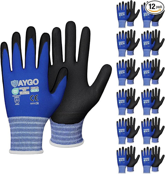 Safety Work Gloves MicroFoam Nitrile Coated-12 Pairs,KAYGO KG18NB,Seamless Knit Nylon Glove with Black Micro-Foam Nitrile Grip,Ideal for General Purpose,Automotive,Home Improvement,Blue