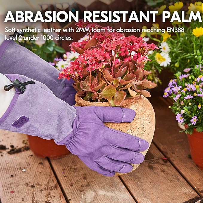 Vgo... Ladies' Synthetic Leather Extended Pig Split Leather Cuff Rose Pruning Thorn Proof Garden Gloves (Size L, Purple,SL6592W)