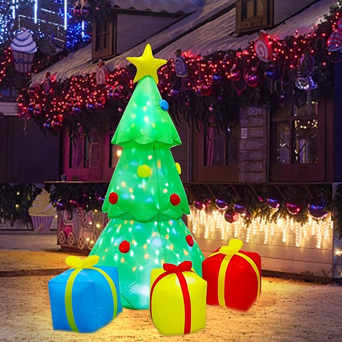 Joliyoou Christmas Yard Decorations, 5.9 FT Inflatable Lighted Christmas Tree with Rotating Projection Lamp, Jumbo Blow Up Xmas Tree with Gift Boxes Outdoor Indoor Decorations