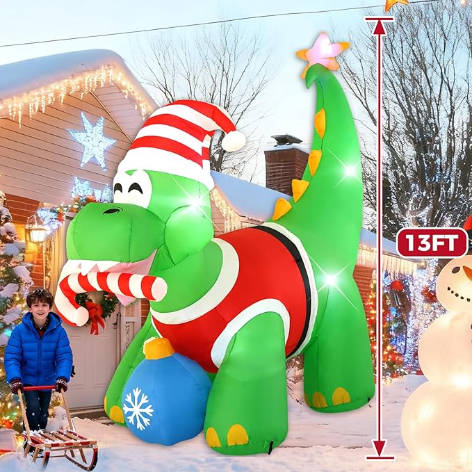 13FT Dinosaur Holding Ball Christmas Decoration with Built-in LED Lights, Christmas Outdoor Inflatable Decoration for Lawn, Yard, Garden, Patio