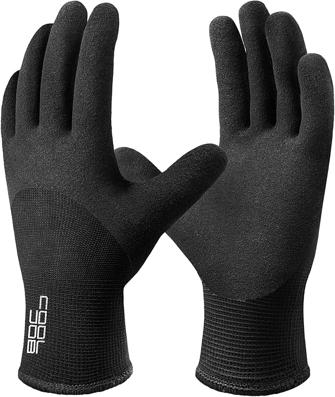 COOLJOB Winter Freezer Work Gloves for Men Women with Grip, Windproof Thermal Warm Fleece Lined, 3/4 Latex Coated for Heavy Duty, Construction, Warehouse, Black, 1 Pair, M
