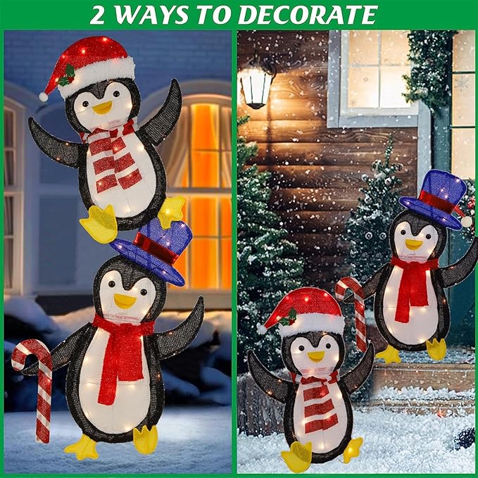 WATERGLIDE Set of 2 Lighted Christmas Tinsel Penguins, Pre-Lit 2D Stacked Penguin with Incandescent Lights, Light Up & Plug in for Indoor Outdoor Festive Xmas Holiday Garden Yard Lawn Decor
