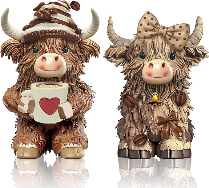 2 Pack Christmas Highland Cow Resin Figurine Decor Coffee Theme Highland Cow Gnomes Starfish Resin Statue for Garden Table Shelf Kitchen Home Coffee Bar Decor Calf Gnome Herd Gifts