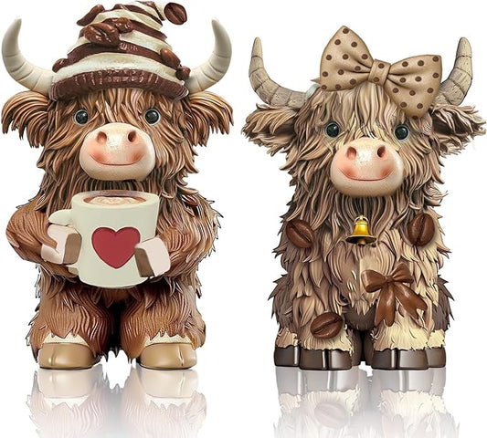 2 Pack Christmas Highland Cow Resin Figurine Decor Coffee Theme Highland Cow Gnomes Starfish Resin Statue for Garden Table Shelf Kitchen Home Coffee Bar Decor Calf Gnome Herd Gifts