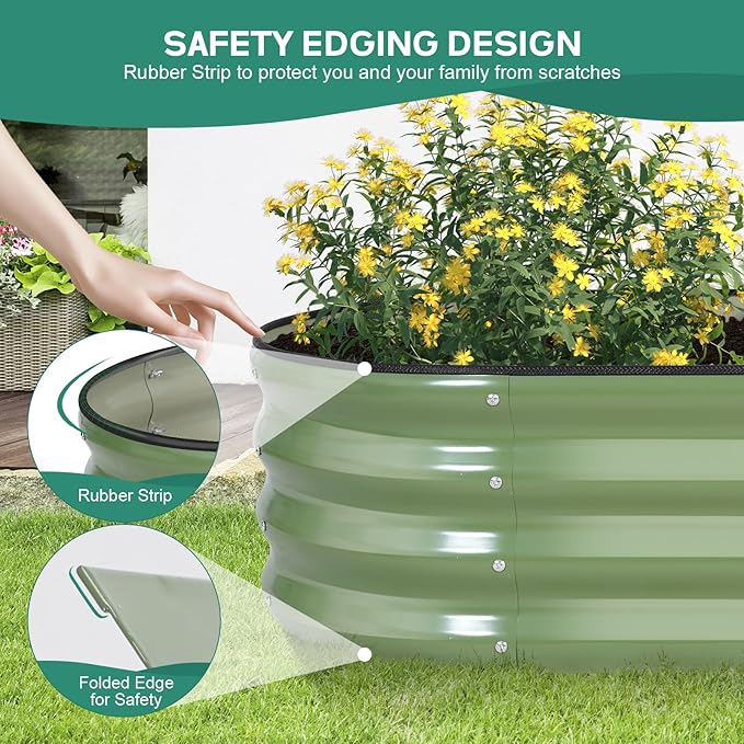 Galvanized Raised Garden Bed Outdoor - 4×2×1ft Planter Raised Beds for Gardening | Oval Metal Garden Planter Box with Safety Edging and Gloves for Vegetables Fruits and Flowers OliveGreen