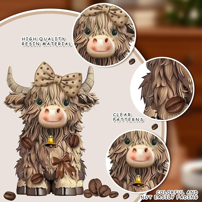 2 Pack Christmas Highland Cow Resin Figurine Decor Coffee Theme Highland Cow Gnomes Starfish Resin Statue for Garden Table Shelf Kitchen Home Coffee Bar Decor Calf Gnome Herd Gifts