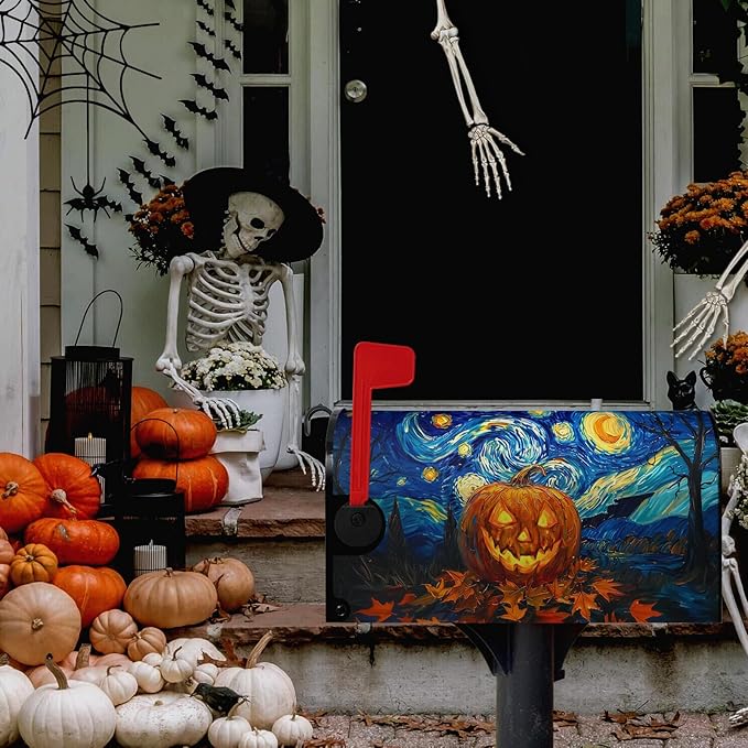 Halloween Pumpkin Magnetic Mailbox Cover Large Size 25.5 x 21 Van Gogh's Starry Night Mailbox Wraps Cover Oil Painting Decorations Post Box Cover for Garden Yard Outdoor Decor