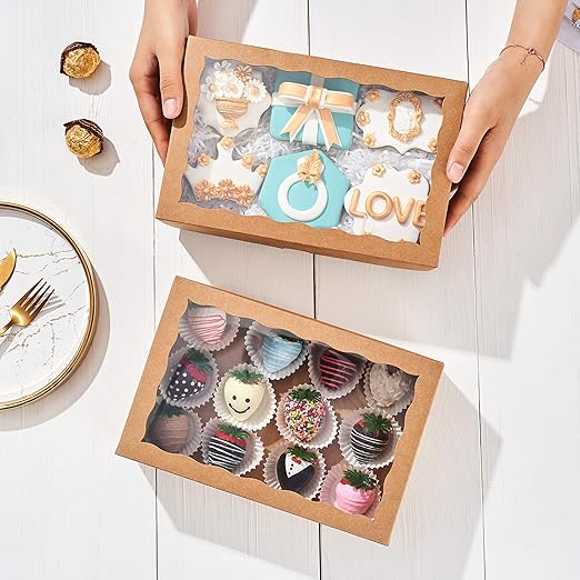 12PCS 10 x 7 x 2.5 inches One Piece Premium Strawberry Boxes, Cookie Boxes, Natural Kraft Brown Bakery Box with Display Window