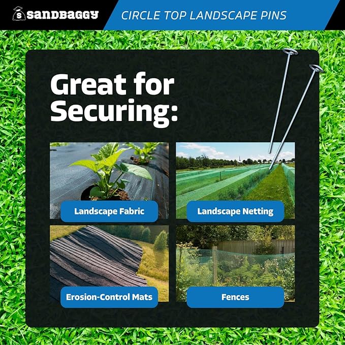 Sandbaggy 12-inch Circle Top Pins - Landscape Staples (Galvanized) - Garden Stakes for Landscaping, SOD - Heavy Duty Ground Stakes, Lawn Turf Spikes, Christmas Decorations, Weed Mats (100 Pins)