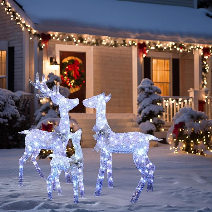 LuxenHome 3PCs Reindeer Christmas Decoration, Lighted Reindeer Family with Silver Bow and Ornament, 240 Cool White LED Lights, Front Porch Christmas Decorations Indoor & Outdoor Yard Decor