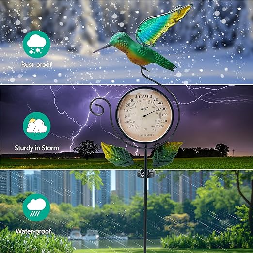 HONGLAND Outdoor Thermometer with Solar & Warm LED Lights, Metal Hummingbird Temperature Stake for Garden, Lawn, Patio, Waterproof Yard Decor