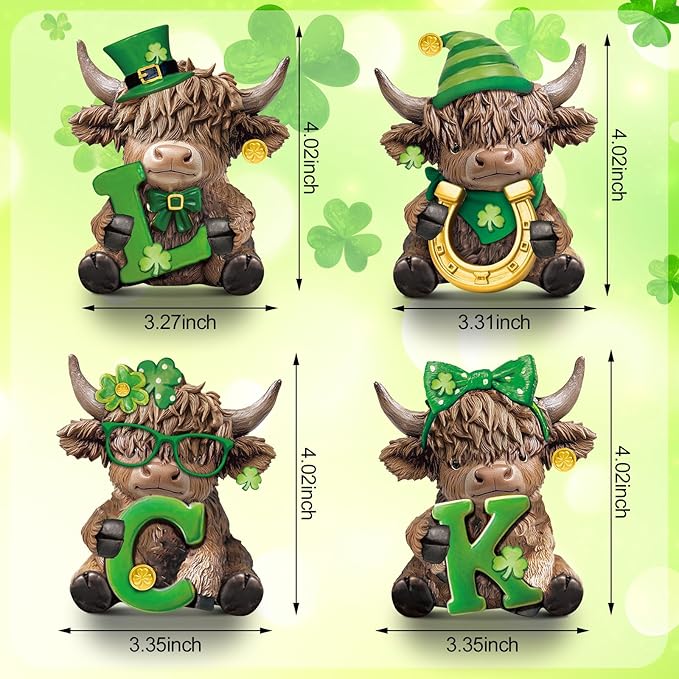Sosation 4 Pcs Luck Highland Cow Figurines St Patricks Day Highland Cow Gnomes Irish Shamrock Scottish Resin Statue Calf Lovers Gifts for Home Garden Kitchen Office Tiered Tray Table Decor