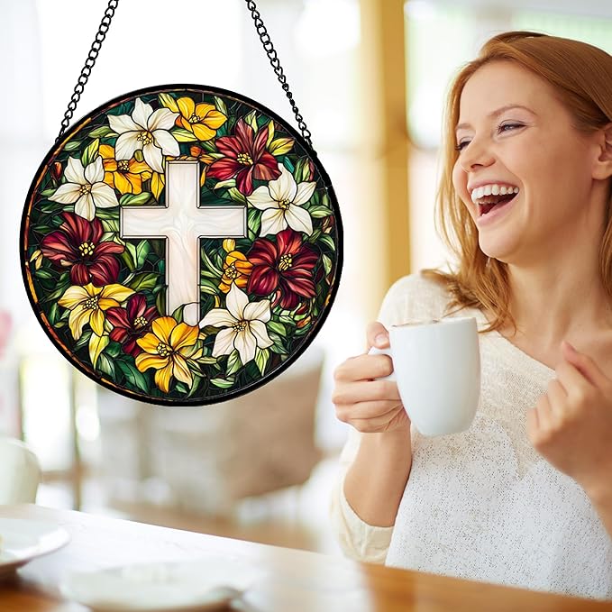 Stained Glass Window Hanging, Cross Flowers Sun Catchers Colorful Glass Panel Christianity Suncatcher Decor for Birthday for Women, Men, Wife, Aunt, and Mom 14.9x14.9 in