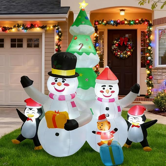 8FT Christmas Inflatable Outdoor Decorations, Snowman Penguin Christmas Tree Inflatable Courtyard Decorations, Courtyard, Garden, Lawn Winter Decorations