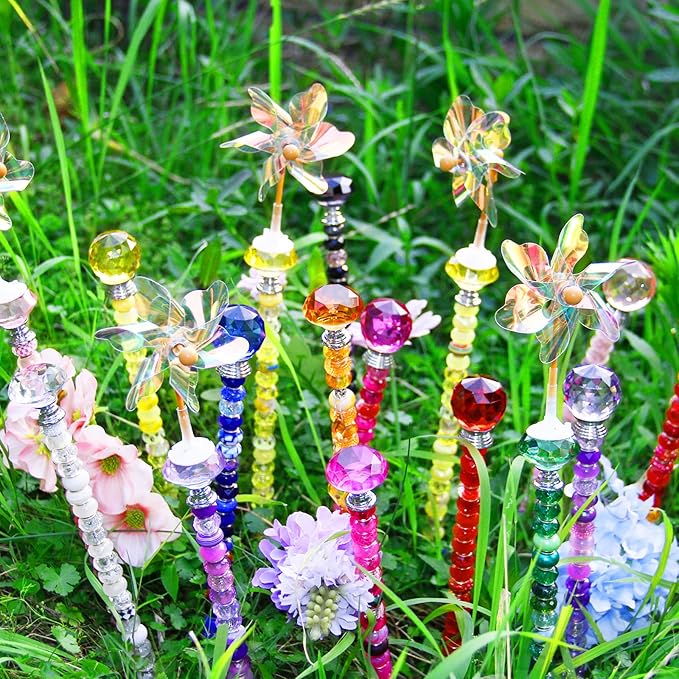 101 PCS Beaded Garden Stakes Kit, DIY Fairy Wand Garden Stake Beads Kits with Dark Blue Large Hole Beads 4 Crystal Stopper Top Threaded Rods and 2 Colored Small Windmills for Outdoor Indoor Decor