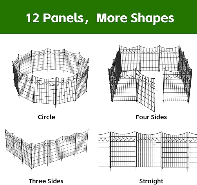 12 Panels Outdoor Dog Fence with gate, 36in(H)×27ft(L) Tall Decorative No Dig Fence | Rustproof Metal Fence Borders | Heavy Duty Reusable Defense Animal Barrier Fence for Yard, Patio, Black
